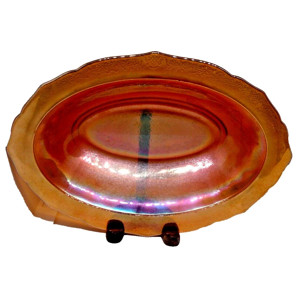 Vintage Federal Madrid Amber Marigold Carnival Glass 10.5” Oval Serving Bowl